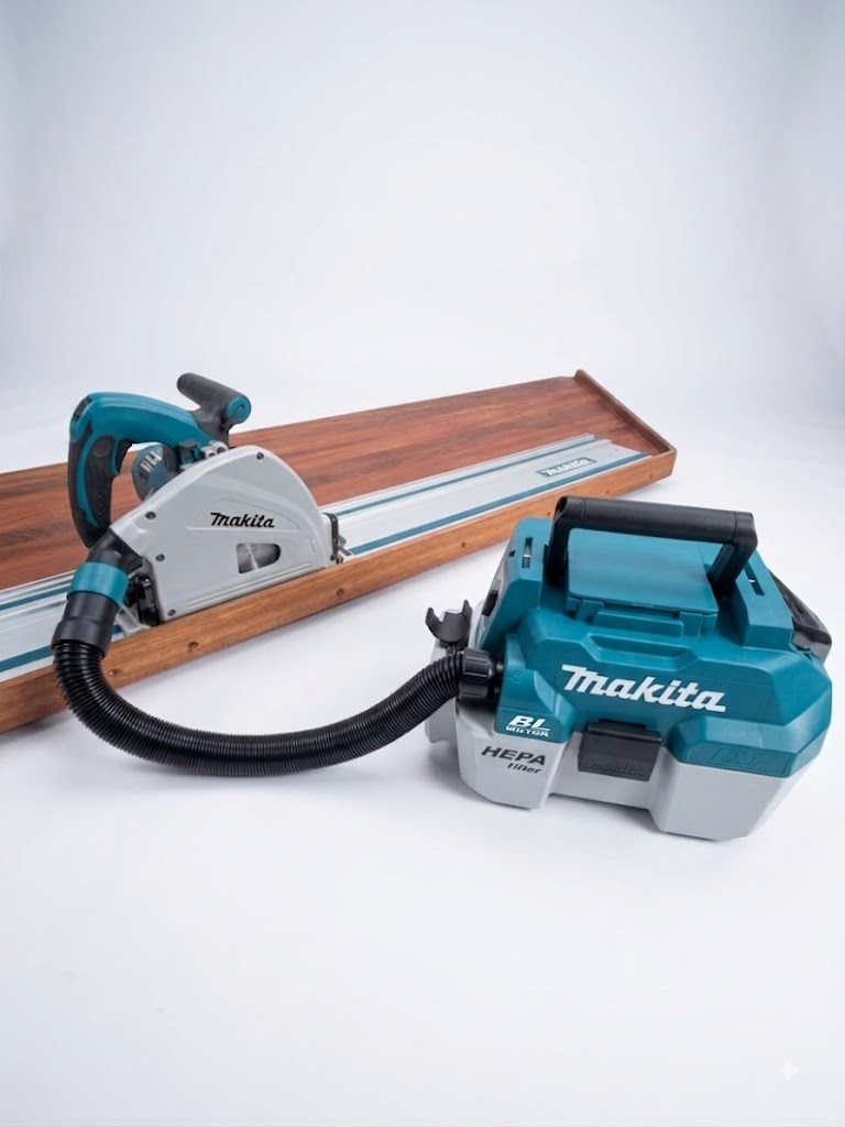 2-i-1 støvsuge adapter fra Makita DVC750LZX1 støvsuger til LS1110F kap- og geringssav, og SP6000J dyksav.
