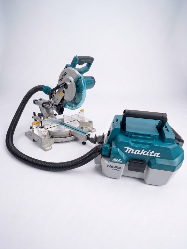 2-i-1 støvsuge adapter fra Makita DVC750LZX1 støvsuger til LS1110F kap- og geringssav, og SP6000J dyksav.
