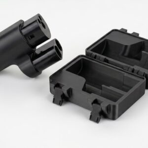 Sort CCS2 adapter vist ved siden af åben 3D-printet transportkasse