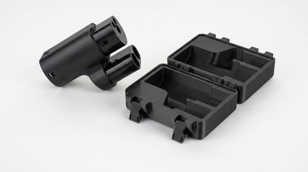 Sort CCS2 adapter vist ved siden af åben 3D-printet transportkasse