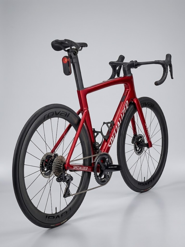 Rød Specialized landevejs cykel med 3D-printet Garmin Varia saddelpindsholder