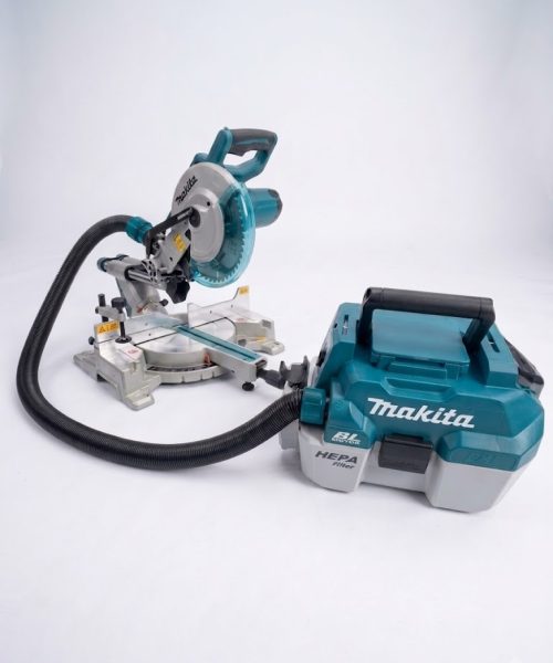 2-i-1 støvsuge adapter fra Makita DVC750LZX1 støvsuger til LS1110F kap- og geringssav, og SP6000J dyksav.